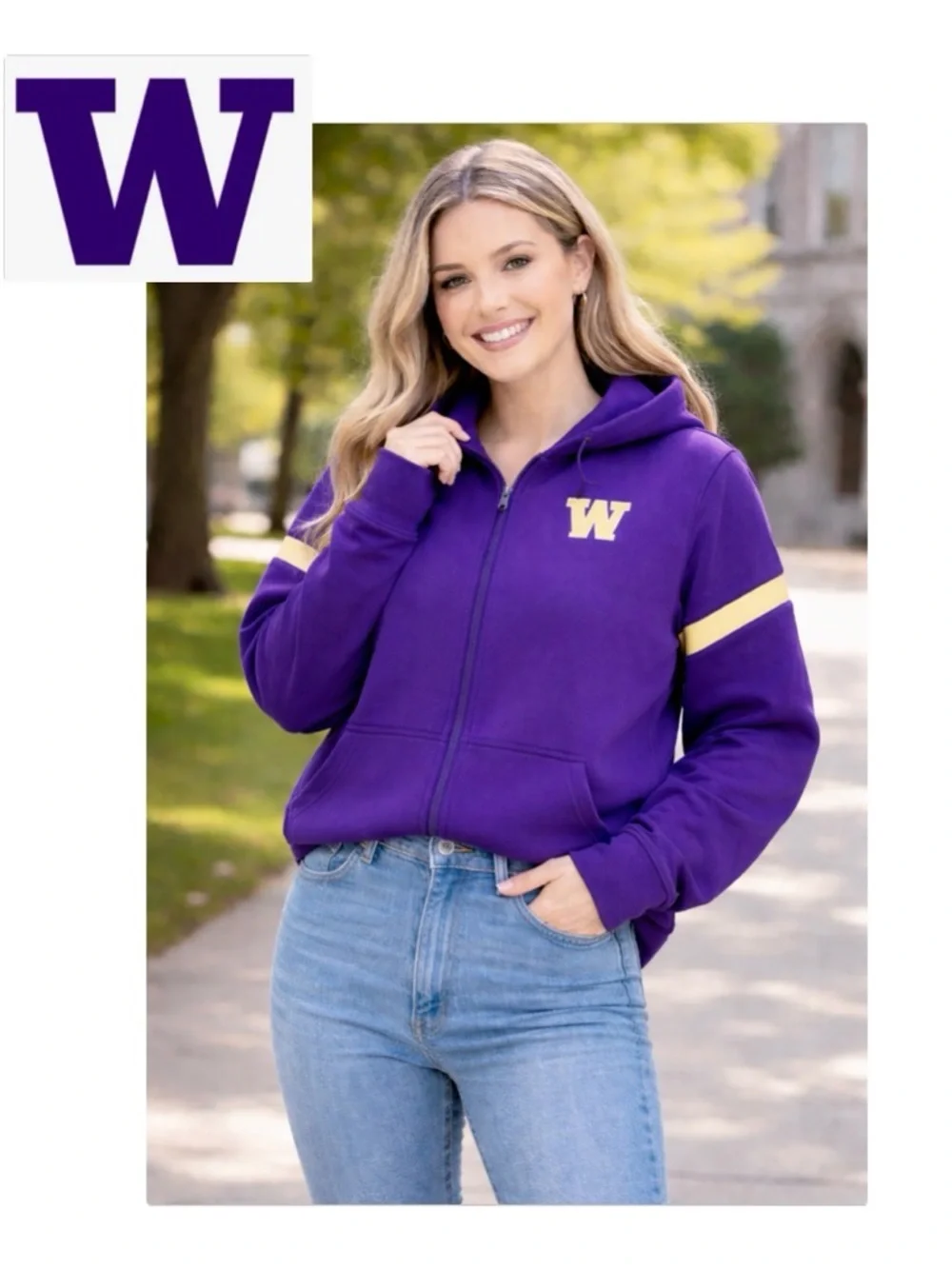 NWOT [adidas] Washington Huskies NCAA Zip-Up Hooded Cropped Sweatshirt Women’s S - Picture 2 of 12